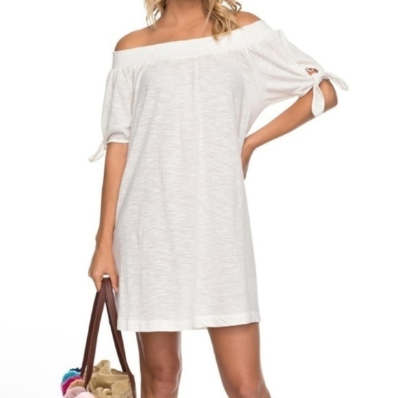Roxy Bright Blue Sky Off The Shoulder White Cotton Knot Tie Mini Dress Sz M NWT - Picture 1 of 15